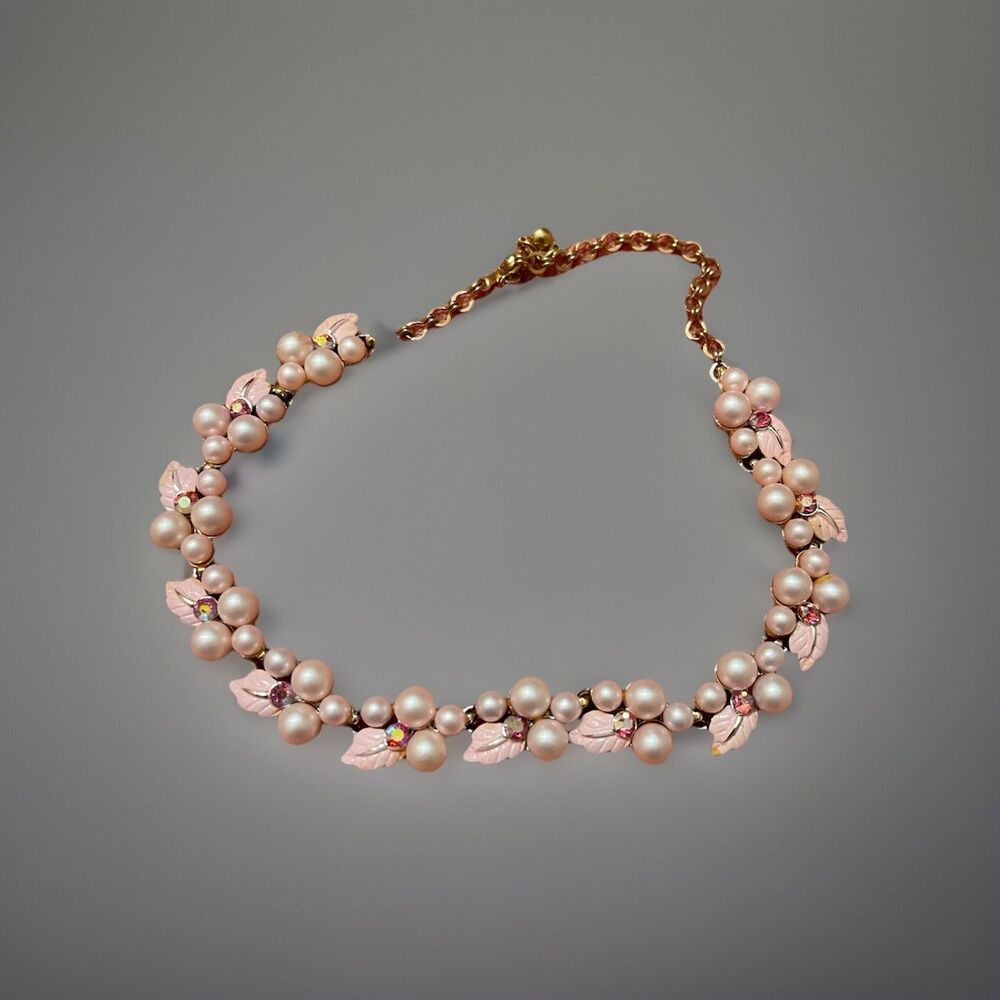 1950’s Vintage Signed Charel Costume Jewelry Faux Pearl Peach Flower Necklace